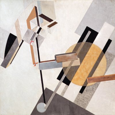 Proun-19-D, 1920 (Gesso, óleo, verniz, giz de cera, papéis coloridos, lixa, papel milimetrado, papelão, tinta metálica e folha metálica sobre compensado) de Eliezer Markowich Lissitzky